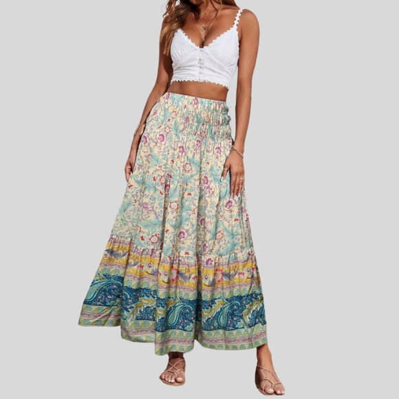 Floral & Paisley Print Shirred Ruffle Hem Maxi Skirt - Picture 1 of 7